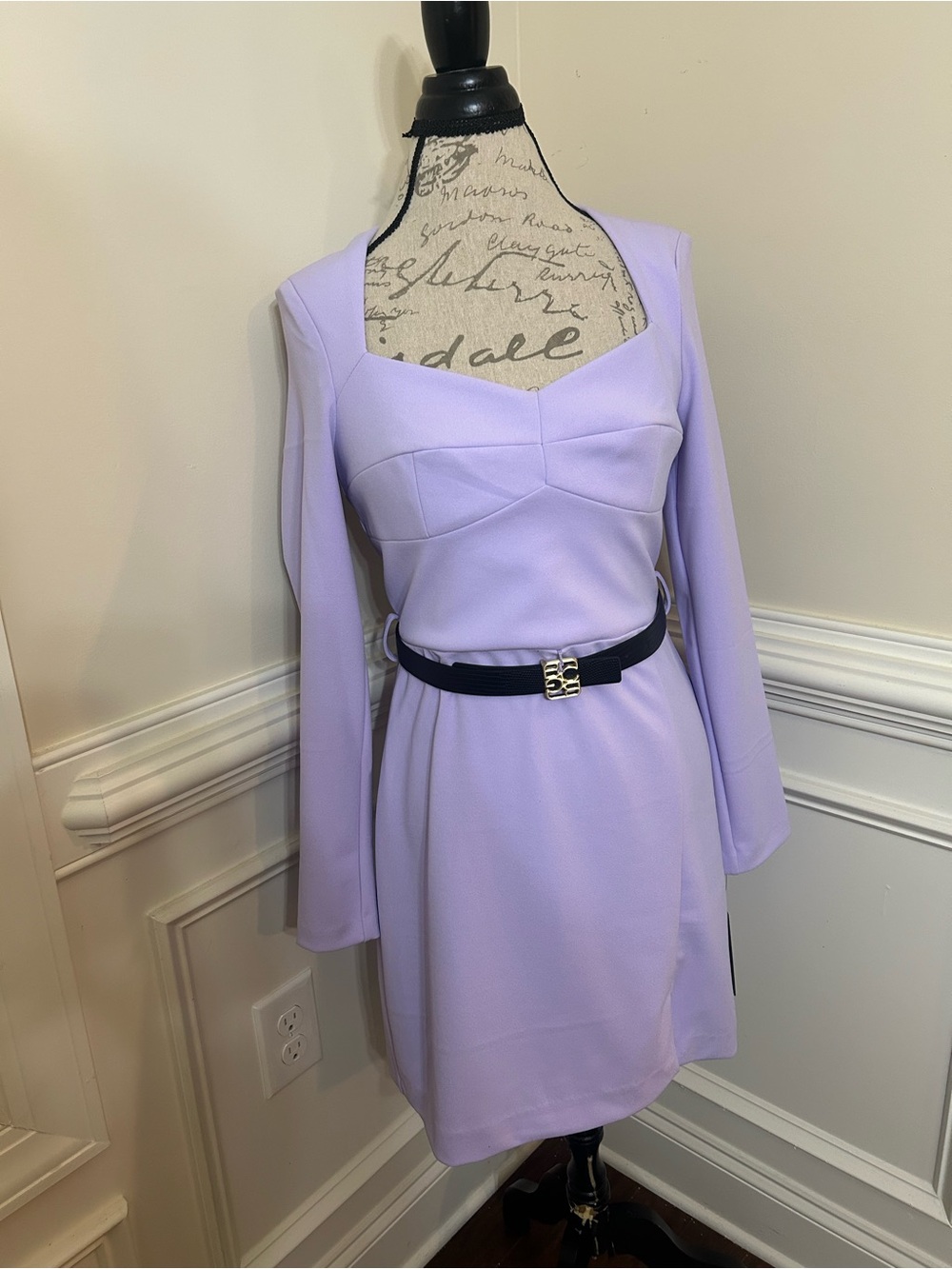 BCBG Lavender Long-Sleeve Belted Sweetheart Mini Dress